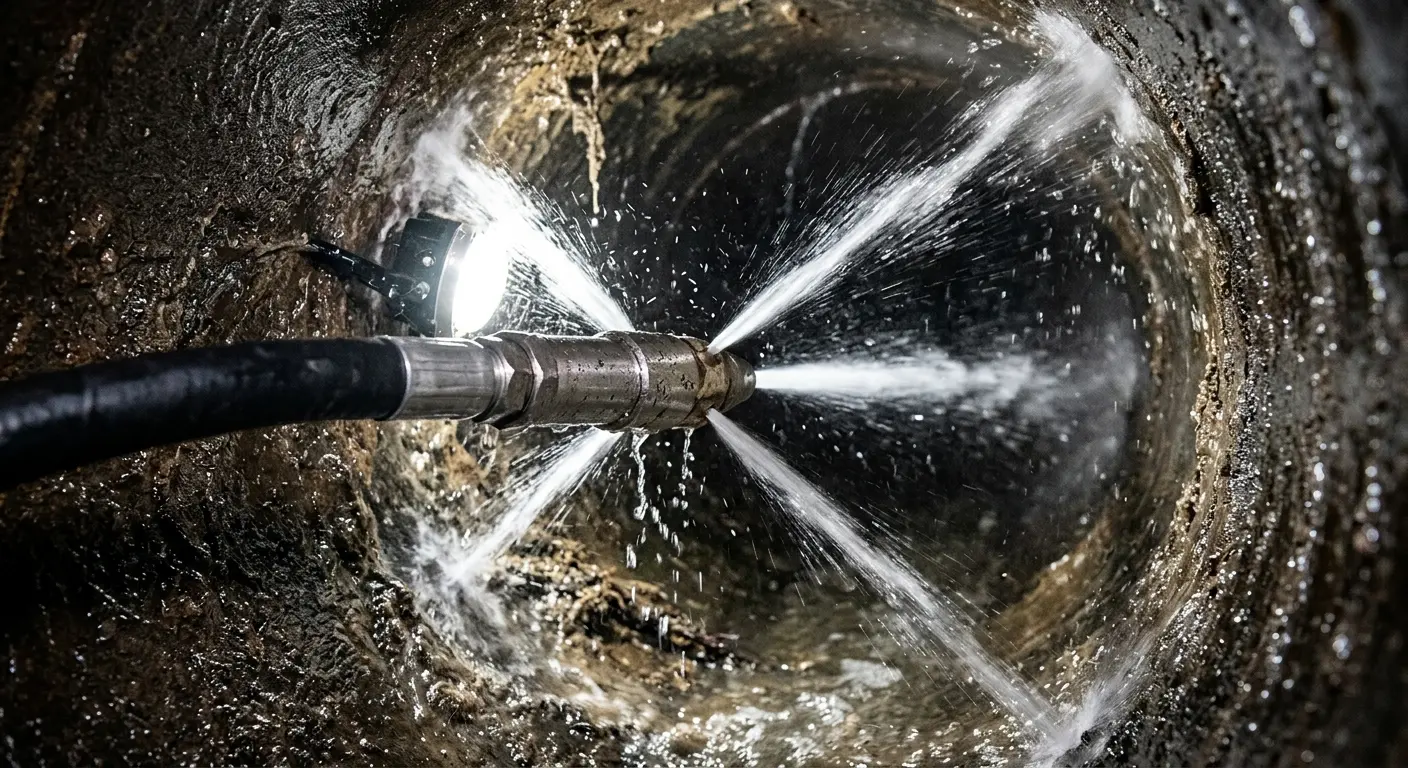 High-pressure hydro jetting nozzle cleaning sewer pipe for Emergency Drain Service in Kingsbury