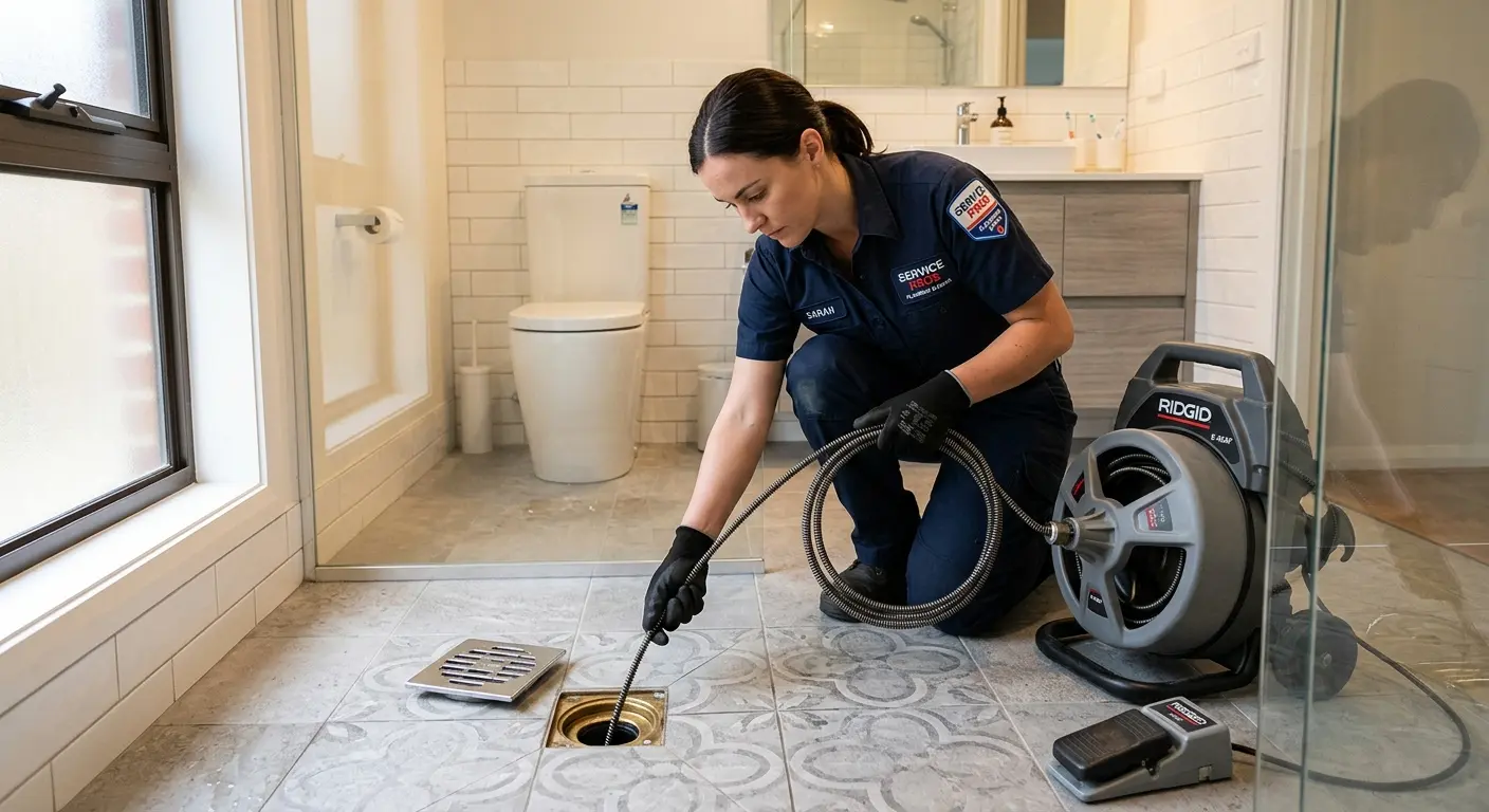 Technician clearing a bathroom floor drain for Hydro Jetting in Kingsbury
